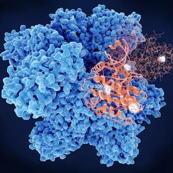 3D rendering of a large blue protein structure with highlighted orange molecular regions and labeled amino acid residues against a dark background. 
