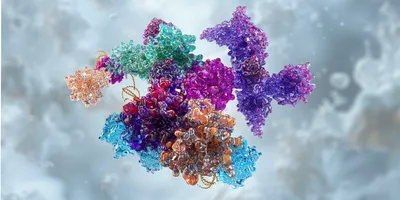 A 3D molecular model of a complex protein structure set against a soft, blurred, light blue and white background