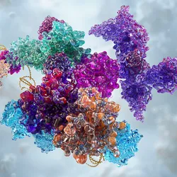 A 3D molecular model of a complex protein structure set against a soft, blurred, light blue and white background