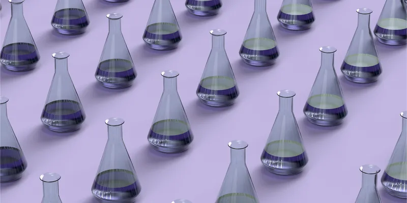 A repeating pattern of transparent laboratory flasks partially filled with purple liquid is arranged across a light lavender background. 