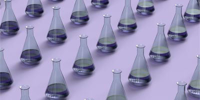 A repeating pattern of transparent laboratory flasks partially filled with purple liquid is arranged across a light lavender background. 