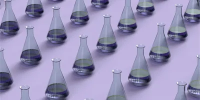 A repeating pattern of transparent laboratory flasks partially filled with purple liquid is arranged across a light lavender background. 