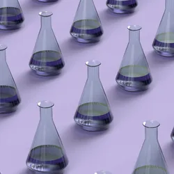 A repeating pattern of transparent laboratory flasks partially filled with purple liquid is arranged across a light lavender background. 