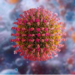 A close-up microscopic image of the measles virus with orange and reddish colors.