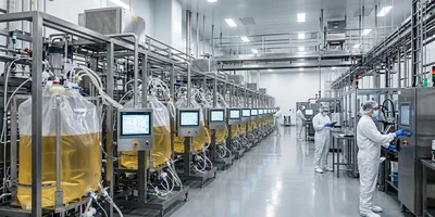 A modern GMP biopharmaceutical manufacturing facility with rows of single-use bioreactors and process automation systems, with gowned technicians monitoring real-time production data.
