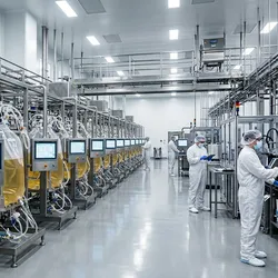 A modern GMP biopharmaceutical manufacturing facility with rows of single-use bioreactors and process automation systems, with gowned technicians monitoring real-time production data.