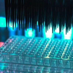 Automated liquid handling tips dispense samples into a multiwell microplate during a high-throughput screening experiment, with colorful fluorescent assay signals blurred in the background.