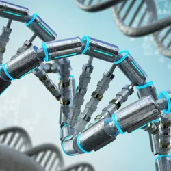 Illustration of a DNA double helix being assembled by robotic mechanical components, representing synthetic DNA synthesis and genetic engineering.