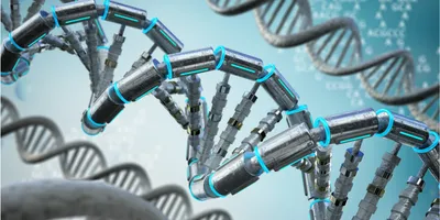 Illustration of a DNA double helix being assembled by robotic mechanical components, representing synthetic DNA synthesis and genetic engineering.