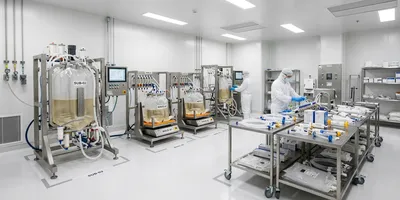 A GMP single-use biomanufacturing suite with single-use bioreactor platforms, organized tubing assemblies, and gowned operators, showing a fully disposable facility design with no stainless steel vessels.