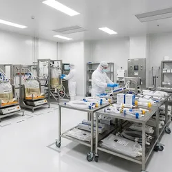 A GMP single-use biomanufacturing suite with single-use bioreactor platforms, organized tubing assemblies, and gowned operators, showing a fully disposable facility design with no stainless steel vessels.