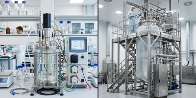 Side-by-side comparison of a 5-liter bench-scale bioreactor and a 2,000-liter production-scale single-use bioreactor, illustrating the engineering challenge of scale-up across three orders of magnitude.