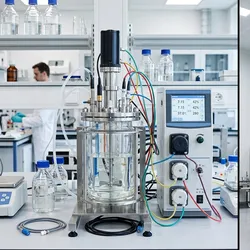 Side-by-side comparison of a 5-liter bench-scale bioreactor and a 2,000-liter production-scale single-use bioreactor, illustrating the engineering challenge of scale-up across three orders of magnitude.