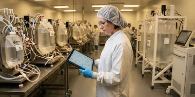 A bioprocess engineer reviews facility design plans in a GMP seed train suite equipped with single-use rocking and stirred-tank bioreactor systems at multiple scales, with no stainless steel vessels visible.