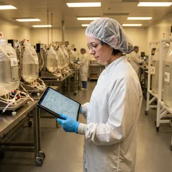 A bioprocess engineer reviews facility design plans in a GMP seed train suite equipped with single-use rocking and stirred-tank bioreactor systems at multiple scales, with no stainless steel vessels visible.