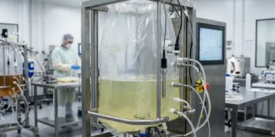 A single-use bioreactor running at a fraction of its maximum working volume, illustrating the high turndown ratio concept in which one vessel serves as both seed train and production bioreactor.
