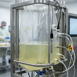 A single-use bioreactor running at a fraction of its maximum working volume, illustrating the high turndown ratio concept in which one vessel serves as both seed train and production bioreactor.