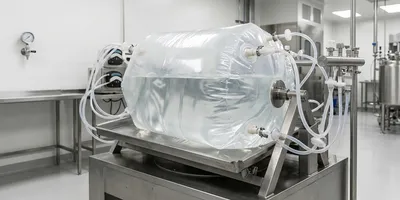 A large single-use mixing bag in a GMP buffer preparation suite, connected to transfer tubing for sterile buffer preparation and distribution.