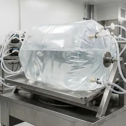 A large single-use mixing bag in a GMP buffer preparation suite, connected to transfer tubing for sterile buffer preparation and distribution.