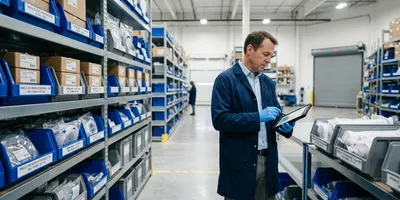 A GMP facility supply chain manager reviews single-use component inventory in an organized storage area stocked with bioreactor bags, tubing assemblies, and sterile filter housings.