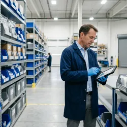 A GMP facility supply chain manager reviews single-use component inventory in an organized storage area stocked with bioreactor bags, tubing assemblies, and sterile filter housings.