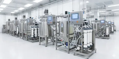 A pristine, brightly lit biopharmaceutical cleanroom featuring rows of stainless steel bioreactor systems and filtration modules connected by sterile tubing.
