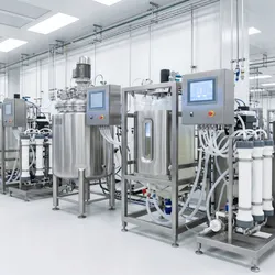 A pristine, brightly lit biopharmaceutical cleanroom featuring rows of stainless steel bioreactor systems and filtration modules connected by sterile tubing.