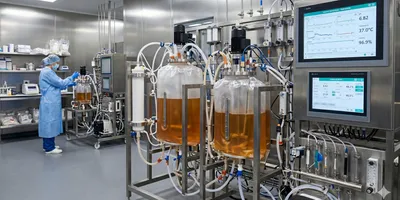 A modern bioprocessing suite featuring stainless steel and single-use bioreactor arrays with connected tubing and digital process control screens in a clean-room environment.