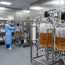 A modern bioprocessing suite featuring stainless steel and single-use bioreactor arrays with connected tubing and digital process control screens in a clean-room environment.