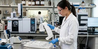 A laboratory scientist reviews extractables testing results alongside a single-use bioreactor bag, with analytical chemistry equipment visible in a pharmaceutical testing laboratory.