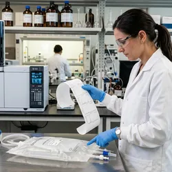 A laboratory scientist reviews extractables testing results alongside a single-use bioreactor bag, with analytical chemistry equipment visible in a pharmaceutical testing laboratory.