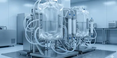 A sterile upstream bioprocessing suite showcasing single-use bioreactor bags with external tubing loops and vertical hollow fiber membrane modules under soft blue-white lighting.