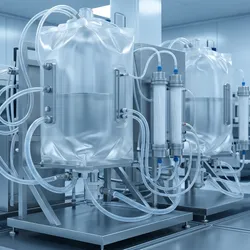 A sterile upstream bioprocessing suite showcasing single-use bioreactor bags with external tubing loops and vertical hollow fiber membrane modules under soft blue-white lighting.