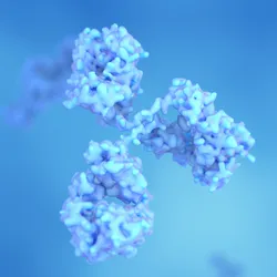 Antibody structures on a blue background.