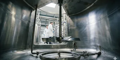 A view from inside a large, polished stainless steel industrial mixing vessel, showing a central agitator and bottom sparger, with a facility and two workers visible in the distance.