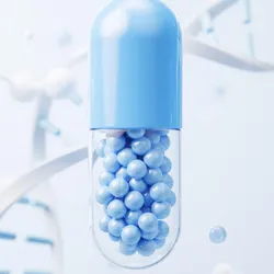Blue pill on a background showing DNA and various biological molecules.