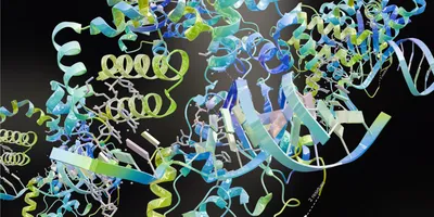 Three-dimensional molecular structure showing intertwined protein subunits and DNA.
