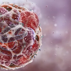3D rendering of a spherical cancer model showing complex cellular architecture against a soft pink background.