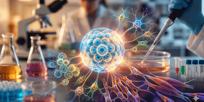 An abstract, glowing 3D illustration of a stem cell differentiation process, superimposed over a blurred laboratory background.