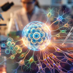 An abstract, glowing 3D illustration of a stem cell differentiation process, superimposed over a blurred laboratory background.