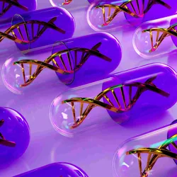 DNA helices are shown inside transparent pills with a purple background.