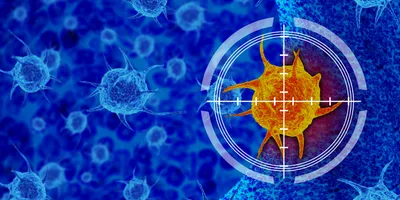 Digital illustration of a single orange cell within a field of blue cells with a circular target graphic overlaid on top.