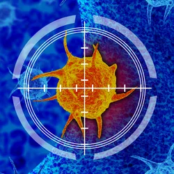 Digital illustration showing a single orange cell within a field of blue cells, overlaid with a circular targeting graphic.
