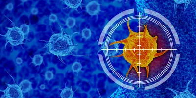 Digital illustration showing a single orange cell within a field of blue cells, overlaid with a circular targeting graphic.