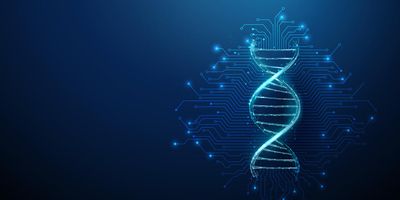 Digital illustration of a glowing DNA double helix surrounded by interconnected circuit-like lines on a dark blue background.