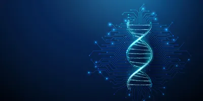Digital illustration of a glowing DNA double helix surrounded by interconnected circuit-like lines on a dark blue background.