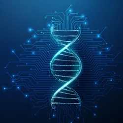 Digital illustration of a glowing DNA double helix surrounded by interconnected circuit-like lines on a dark blue background.