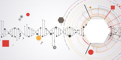 Abstract illustration of a DNA double helix surrounded by geometric shapes, interconnected lines, and circular data-inspired design elements on a light background.