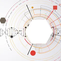 Abstract illustration of a DNA double helix surrounded by geometric shapes, interconnected lines, and circular data-inspired design elements on a light background.