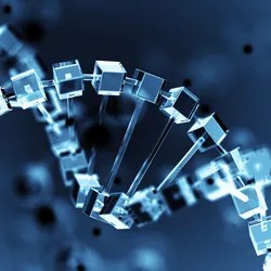 A genomic sequence rendered as a series of crystalline glass blocks and conduits.